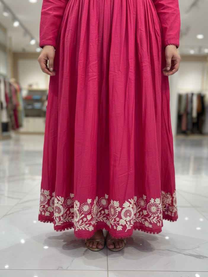 Embroidered Cotton Anarkali Kurti Pant Set with Dupatta