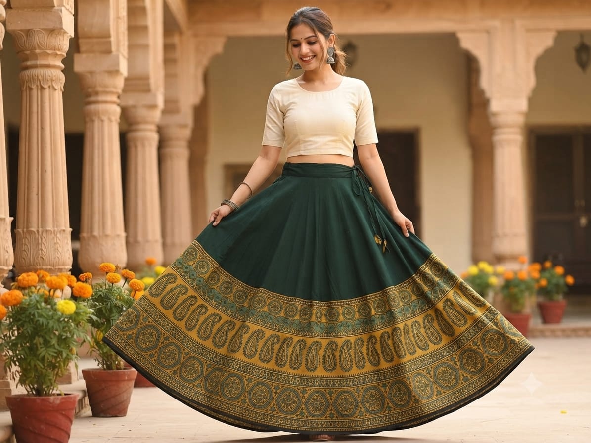Plain Cotton Kali Skirt with Natural Border