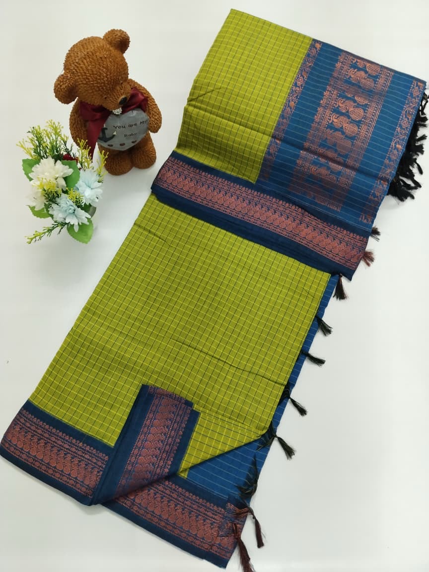 Checked Cotton Saree with Zari Pallu and Contrast Blouse