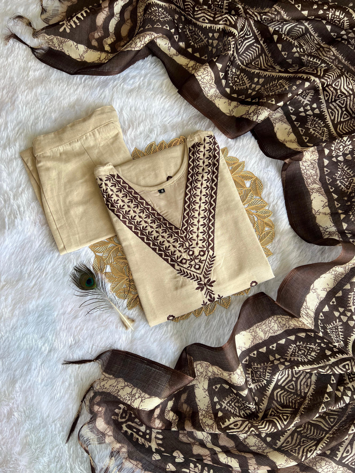 Khadi Cotton Embroidered Kurti Pant Set with Printed Dupatta