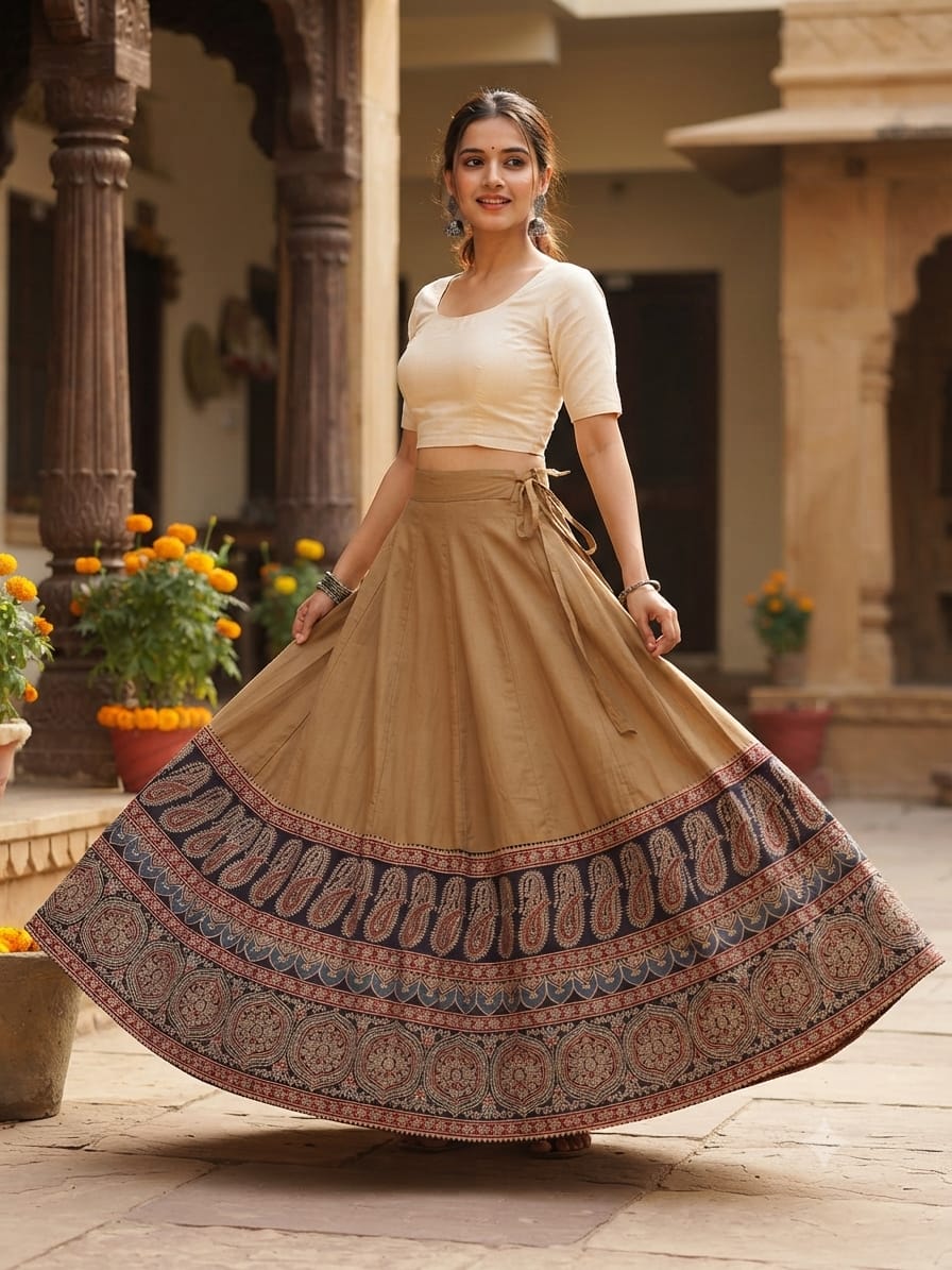 Plain Cotton Kali Skirt with Natural Border