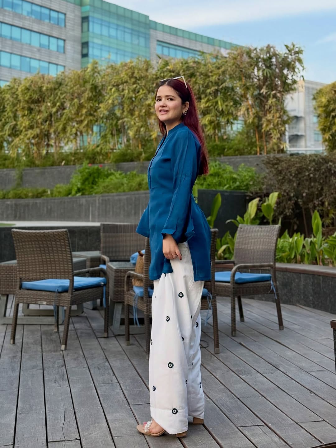 Teal Blue Embroidered Kurti with Off-White Farshi Salwar Set