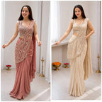 Crep Silk Embroidered Sequins Ready-to-Wear Saree with Stitched Blouse