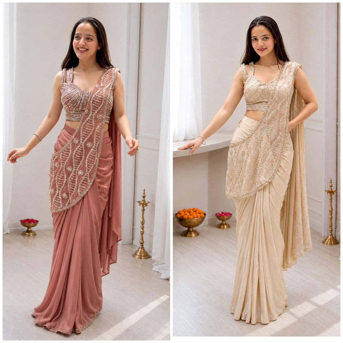 Crep Silk Embroidered Sequins Ready-to-Wear Saree with Stitched Blouse