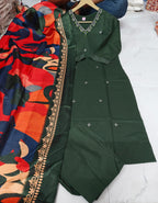 Cotton Straight Kurta Pant Dupatta Set with Zari Work
