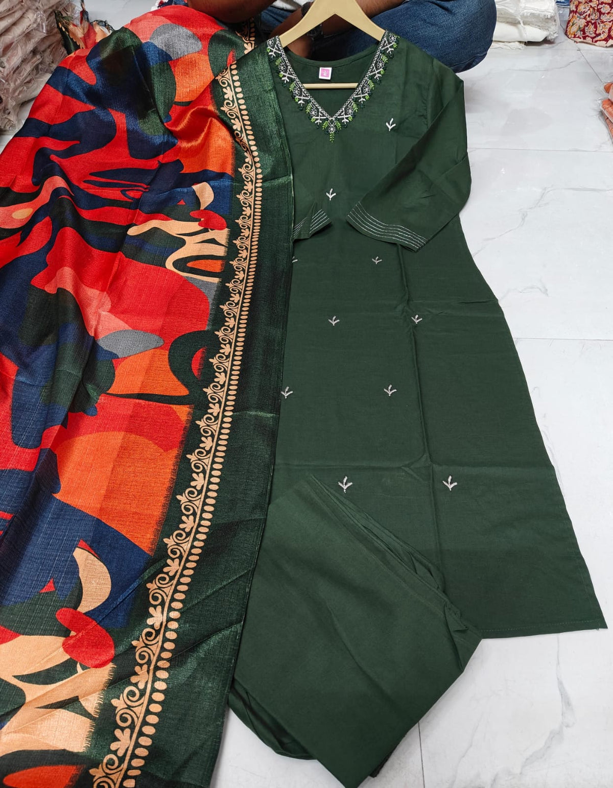 Cotton Straight Kurta Pant Dupatta Set with Zari Work