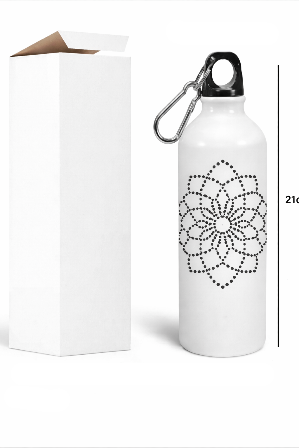 White water bottle with mandala design and carabiner, next to packaging and dimensions on a white background