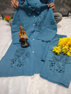 Cotton Slub Embroidered Kurti Pant Set with Pockets