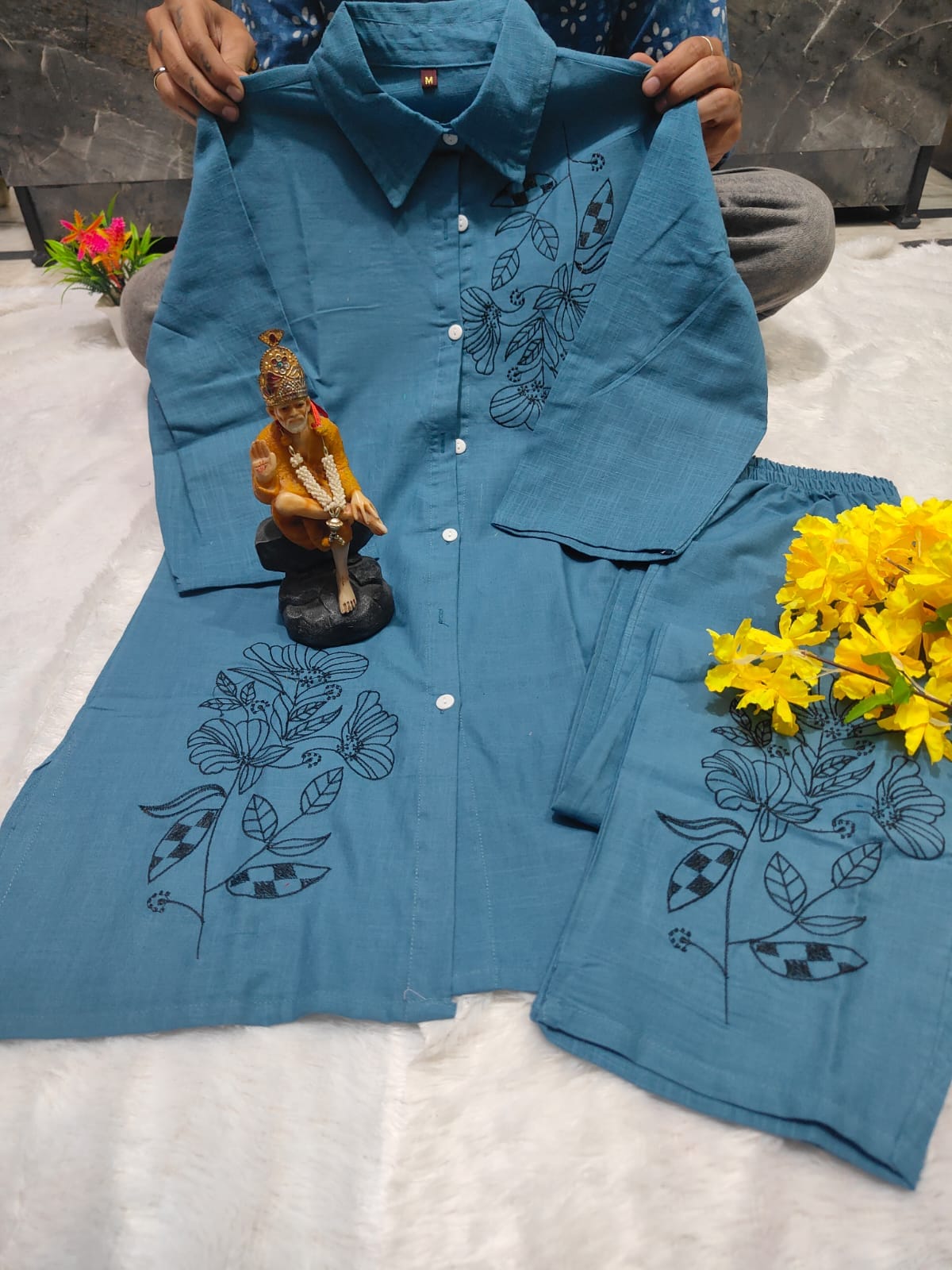 Cotton Slub Embroidered Kurti Pant Set with Pockets