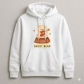 White hoodie with a 'Sweet Bear' graphic on a gray background