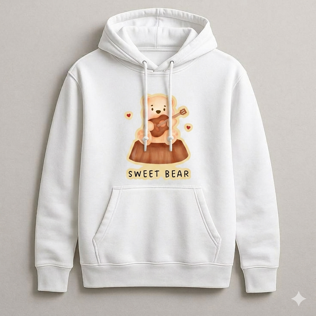 White hoodie with a 'Sweet Bear' graphic on a gray background