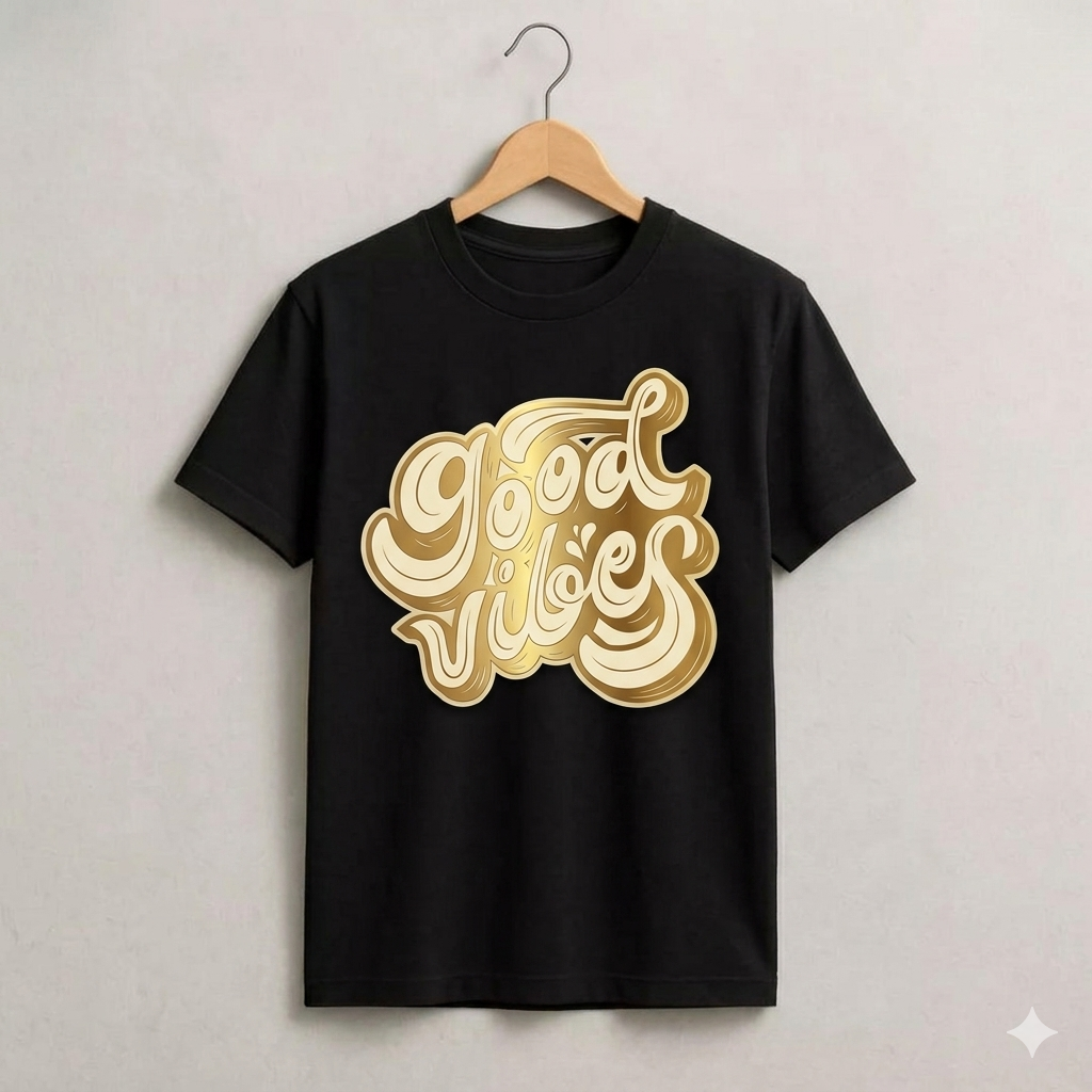 Black t-shirt with gold 'Good Life' graphic on a hanger against a light gray background
