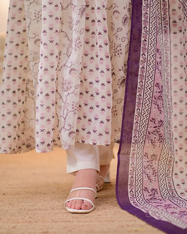 Mirror Embroidered Cotton Anarkali Suit Set with Mulmul Dupatta
