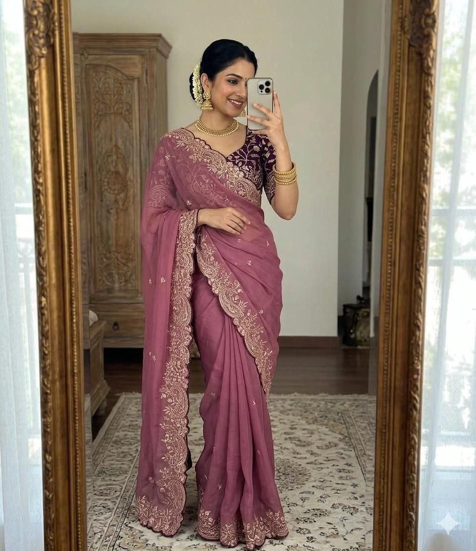 Designer Star Georgette Embroidered Saree with Contrast Blouse