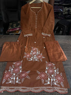 Designer Heavy Cotton Embroidered Kurti Pant Set with Cotton Dupatta