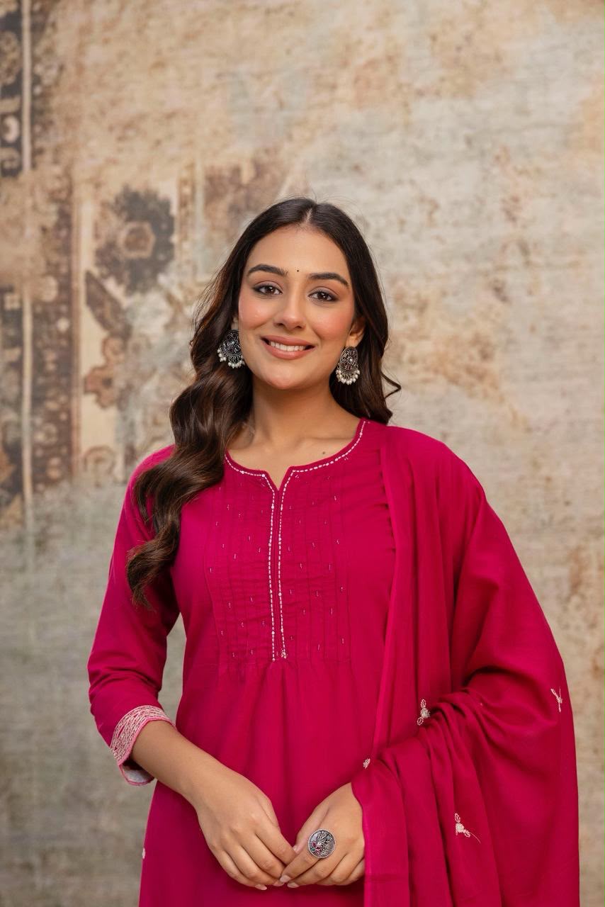 Designer Heavy Cotton Embroidered Kurti Pant Set with Cotton Dupatta