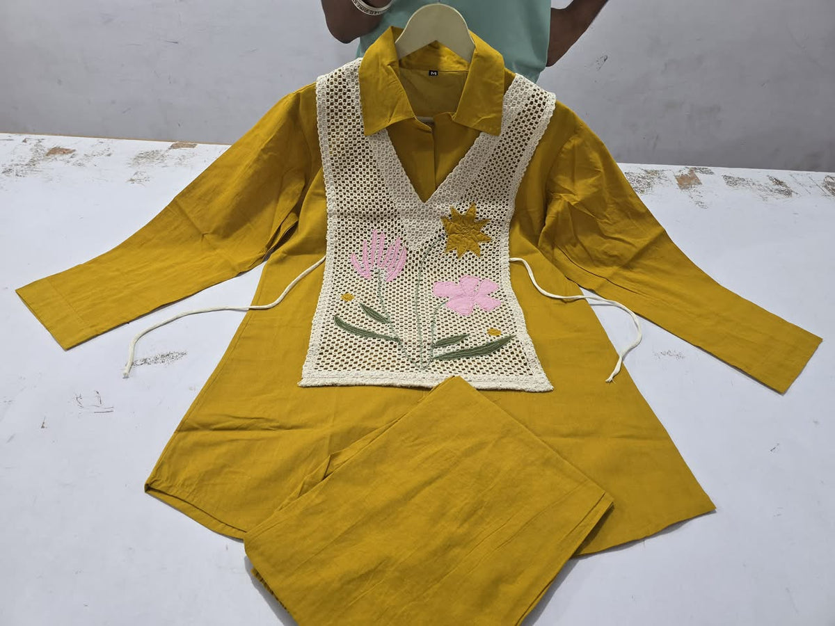 Cotton Co-Ord Set with Jute Jacket & Embroidery