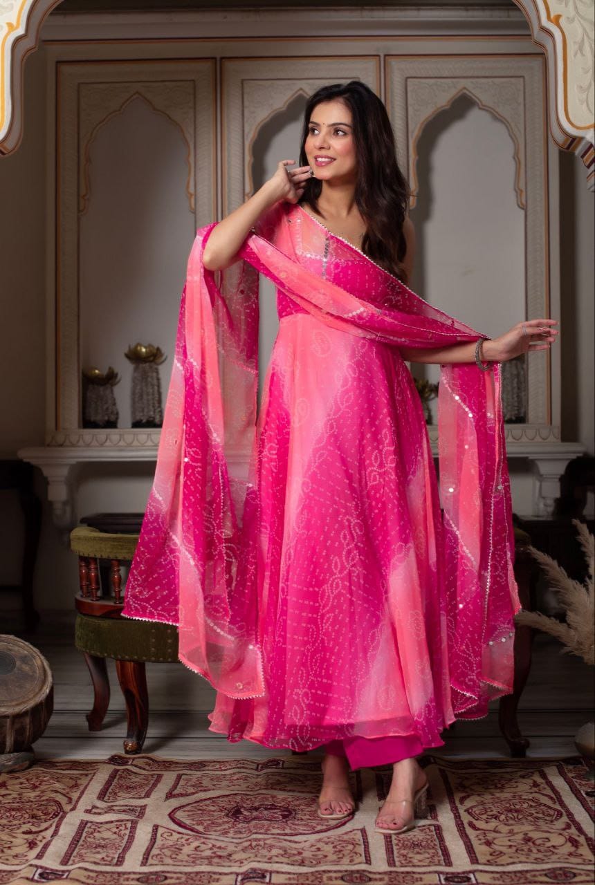 Digital Print Fox Georgette Anarkali Suit Set with Dupatta & Palazzo