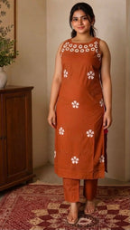 Embroidered Cotton Kurti Pant Set with Dupatta