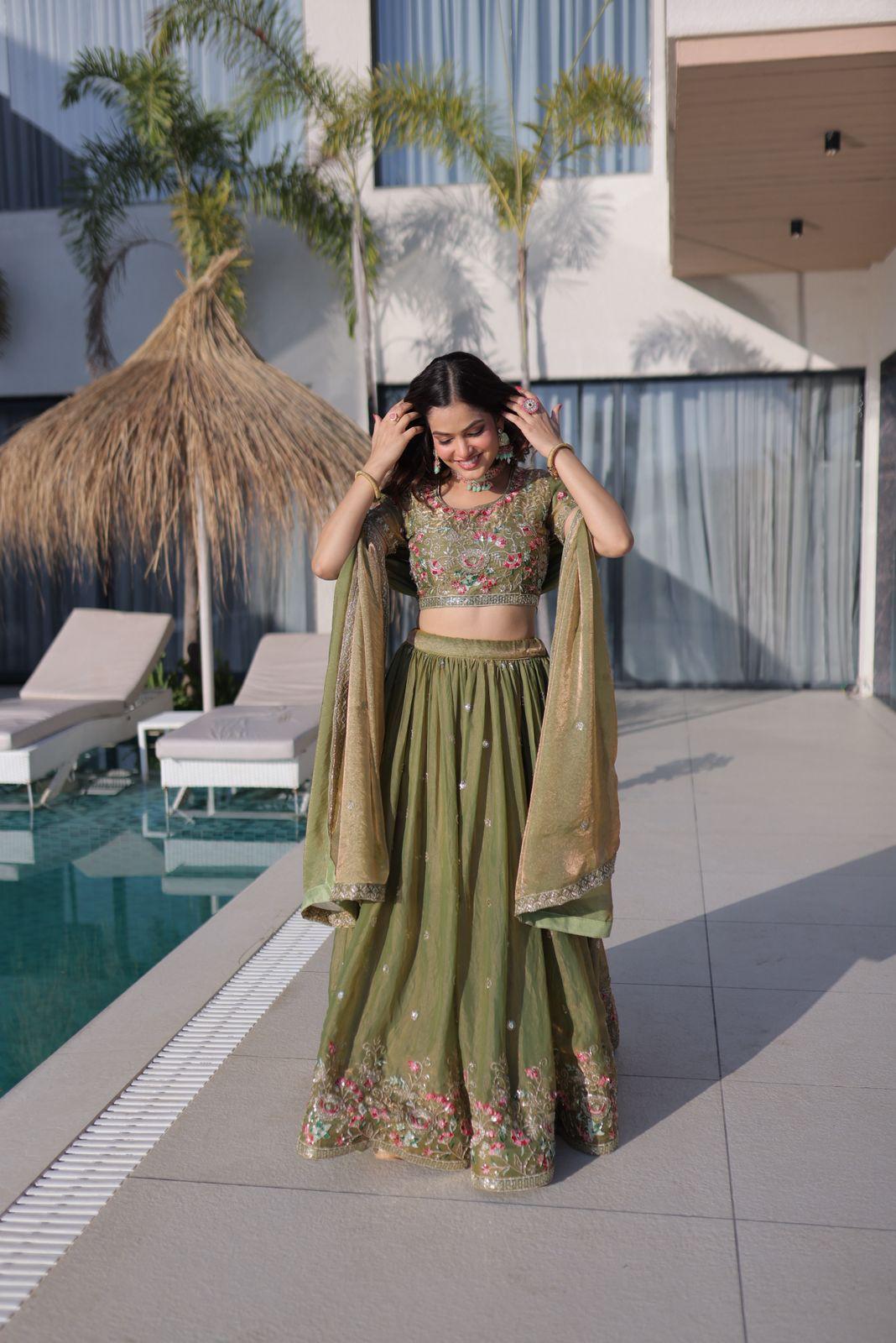 Multi Thread Embroidered Fendi Silk Lehenga Choli Set