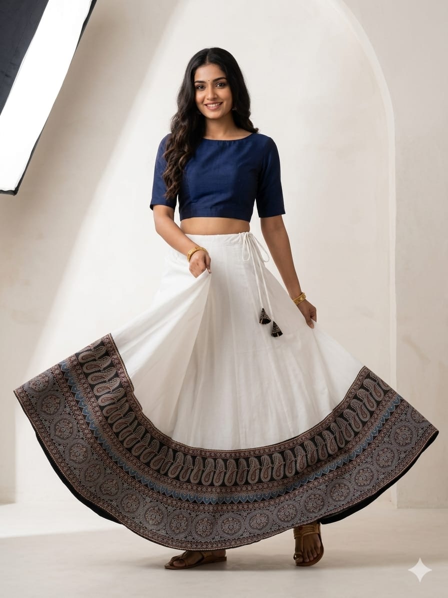 Plain Cotton Kali Skirt with Natural Border
