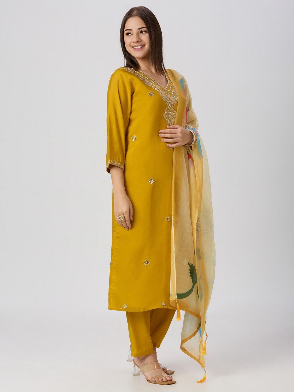 Embroidered Roman Silk Kurta Set
