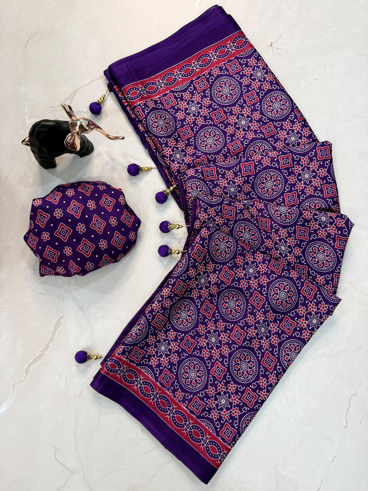 Ajrakh Printed Crepe Gajji Silk Saree with Latkan & Blouse