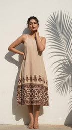 Ajrakh Print Cotton Spaghetti Dress for Women