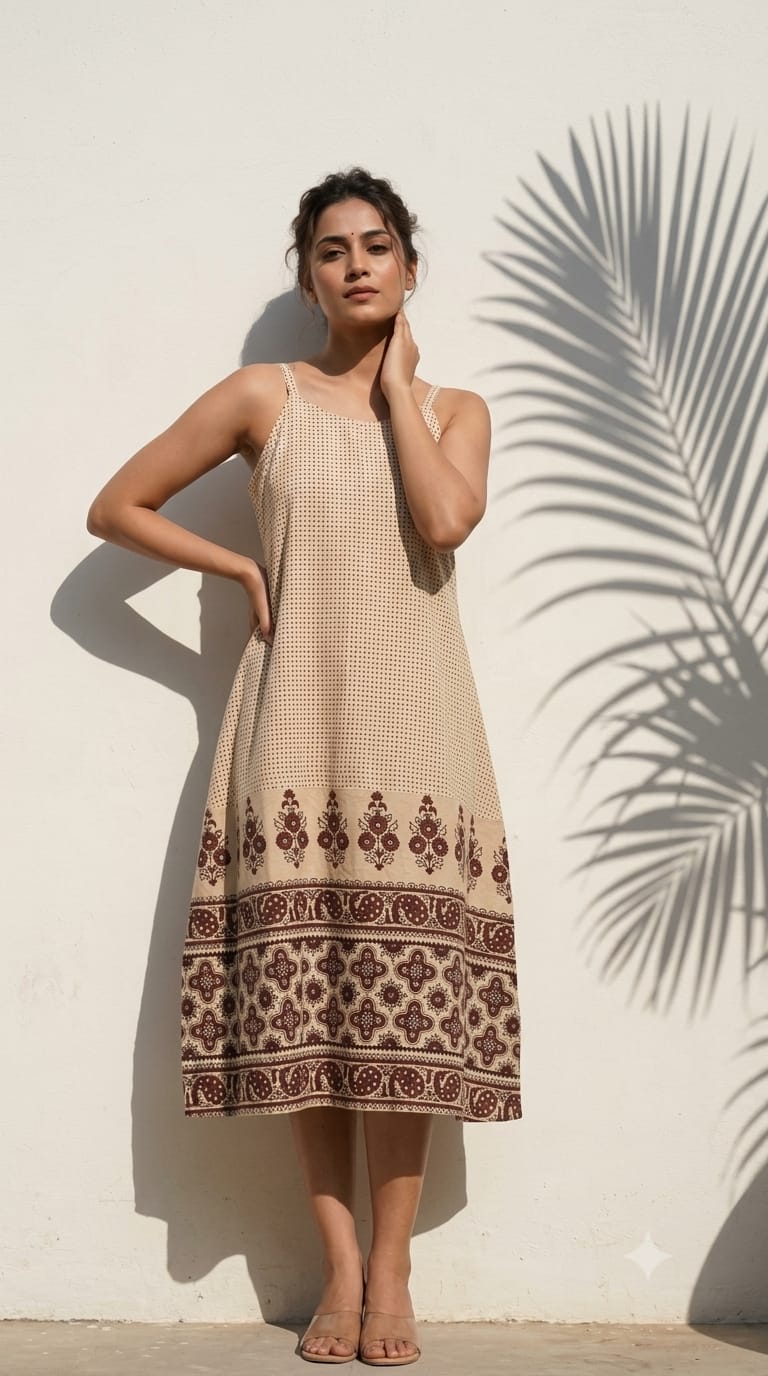 Ajrakh Print Cotton Spaghetti Dress for Women