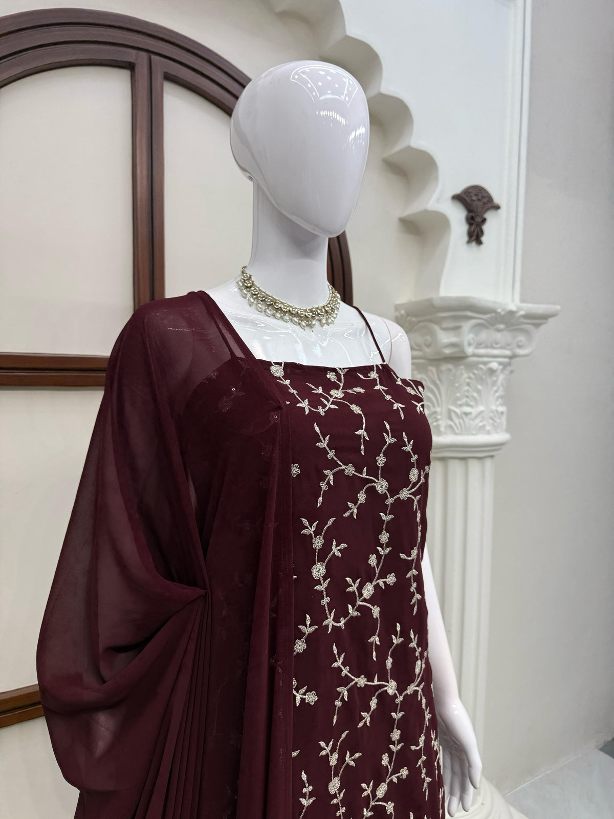Embroidered Georgette Kurti Pant Set with Dupatta