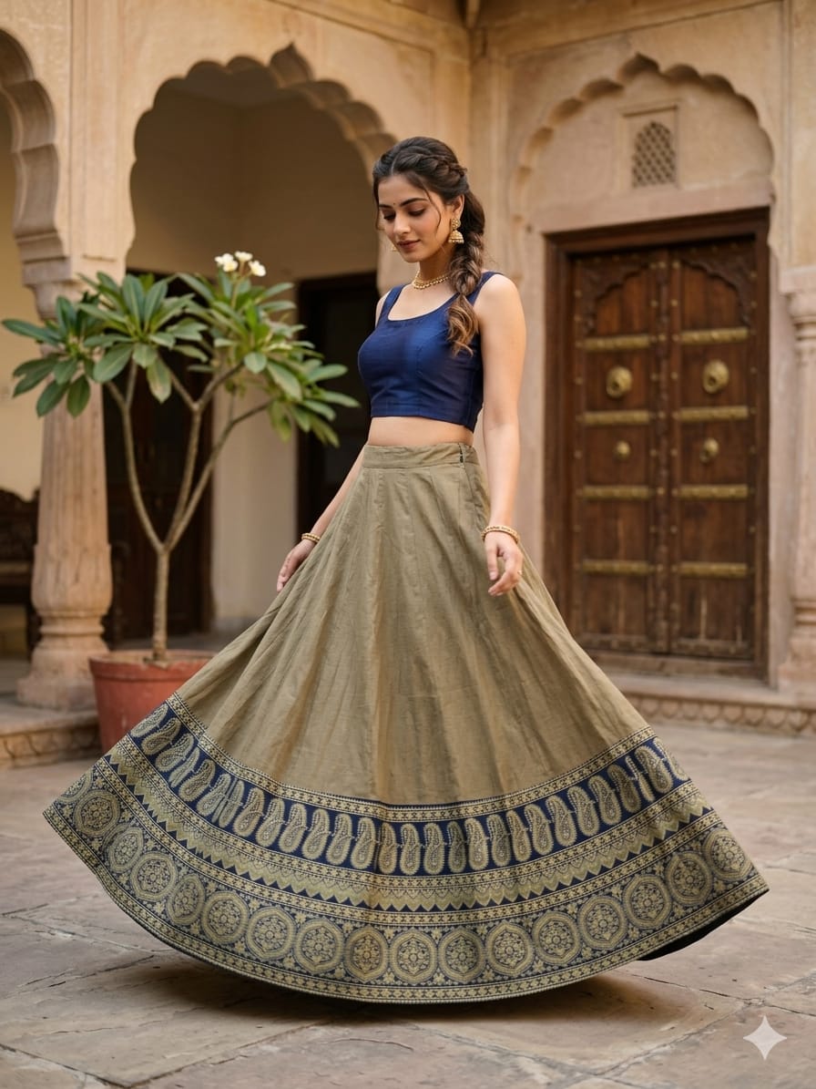 Plain Cotton Kali Skirt with Natural Border