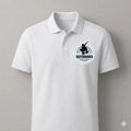 White polo shirt with a skateboarder logo on a gray background