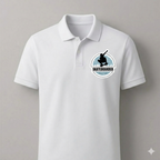 White polo shirt with a skateboarder logo on a gray background