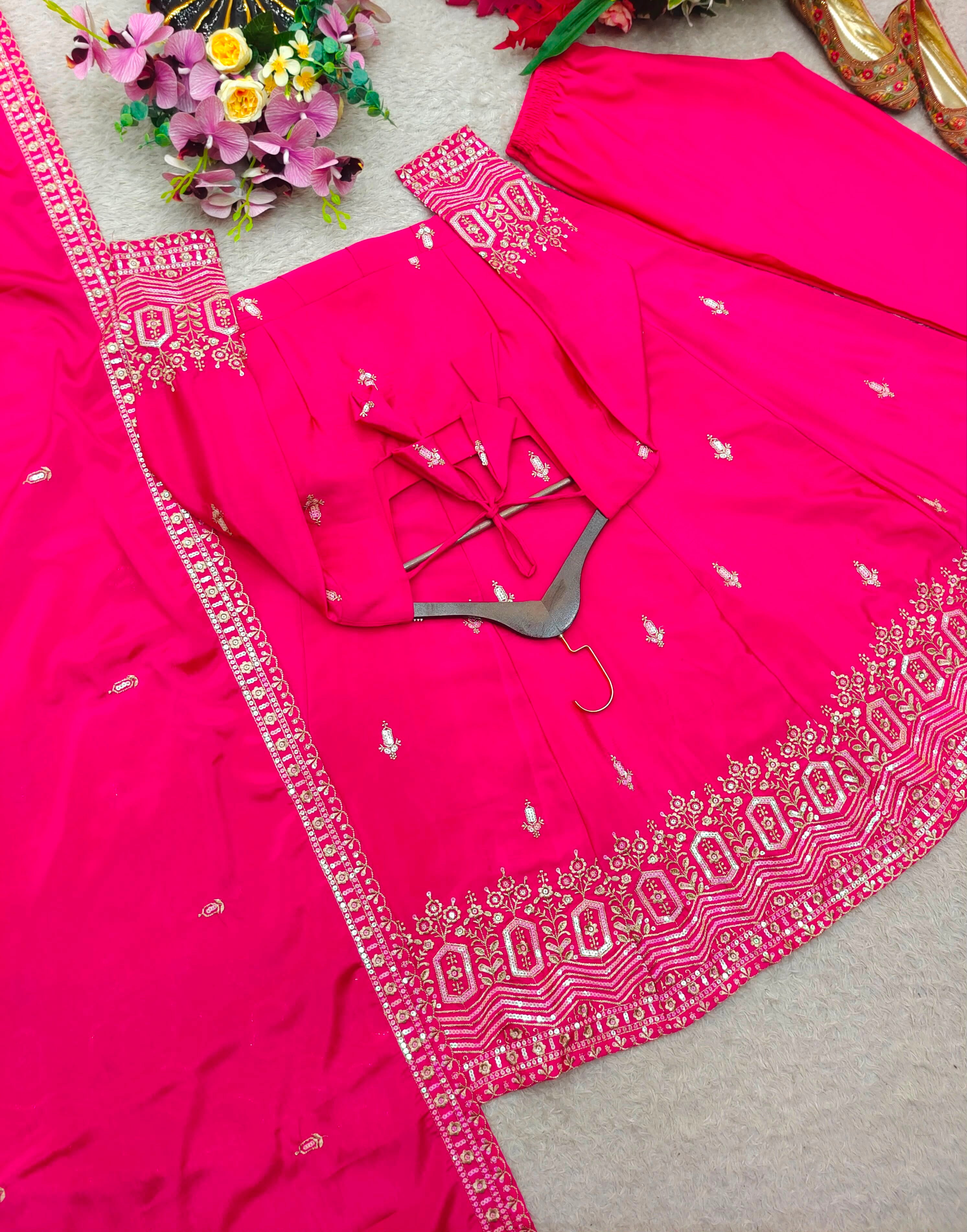 Embroidered Chinon Silk Gown Pant Set with Dupatta