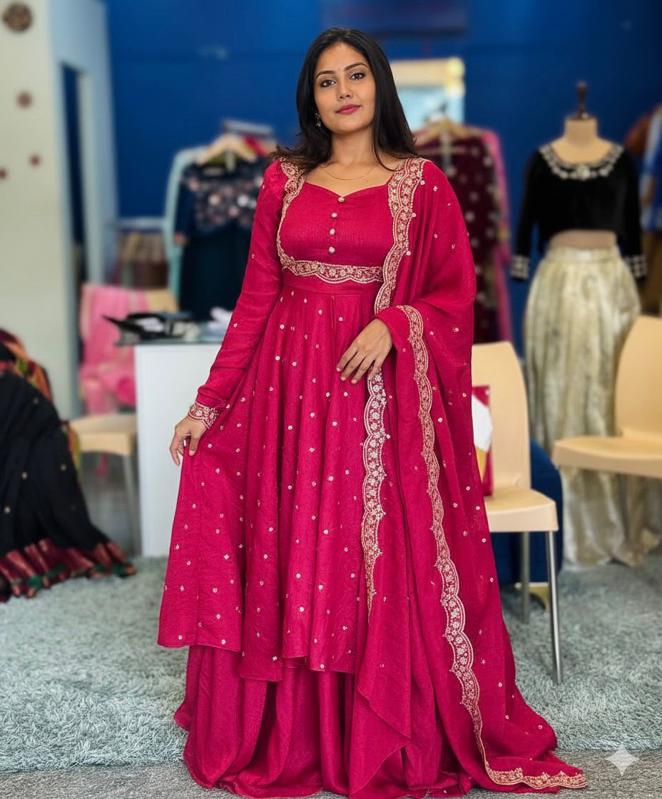 Heavy Vichitra Silk Embroidered Anarkali Suit