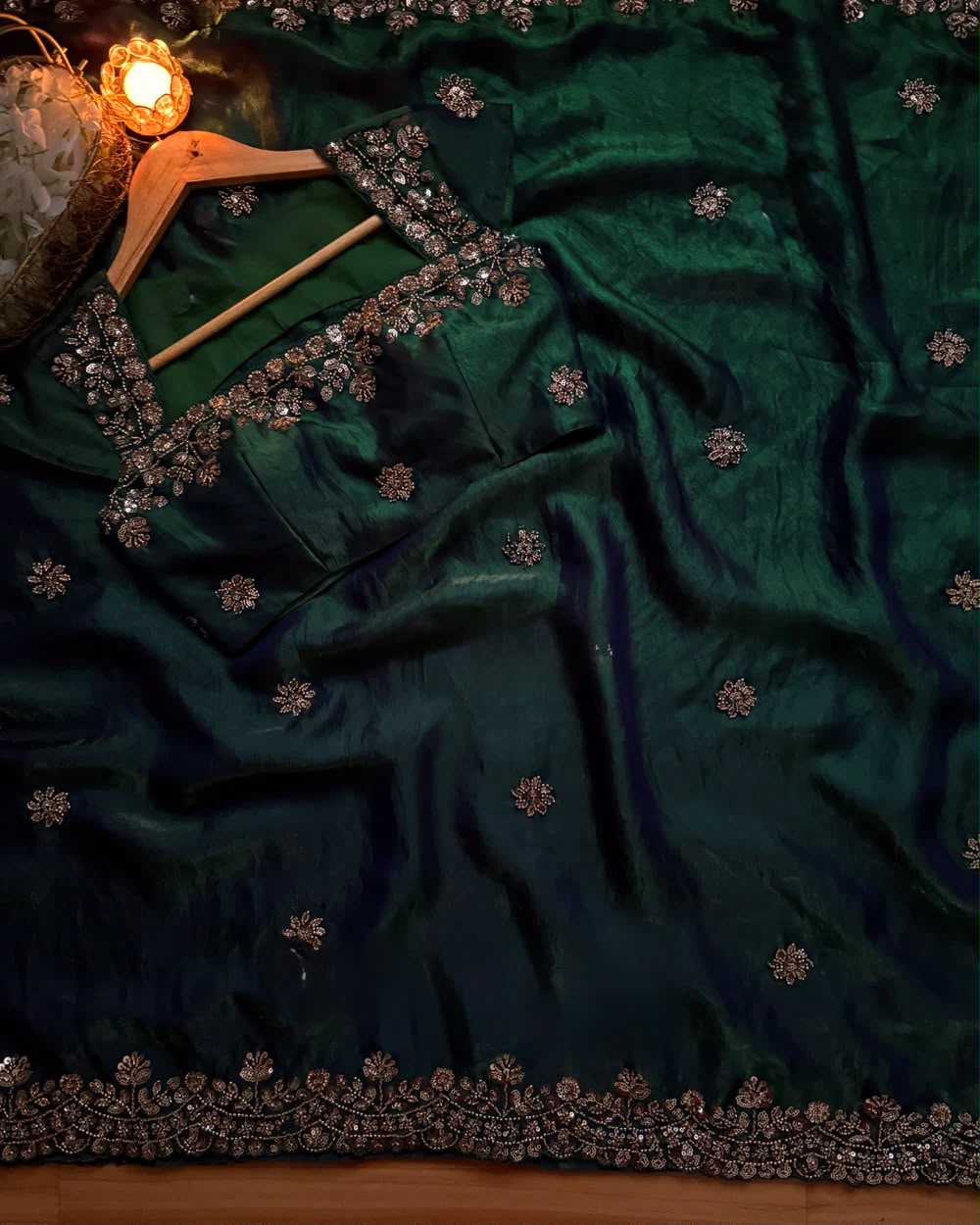 Beads & Sequins Work Fendy Silk Saree with Blouse