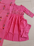 Embroidered Cotton Kurta Pant Set with Printed Cotton Malmal Dupatta