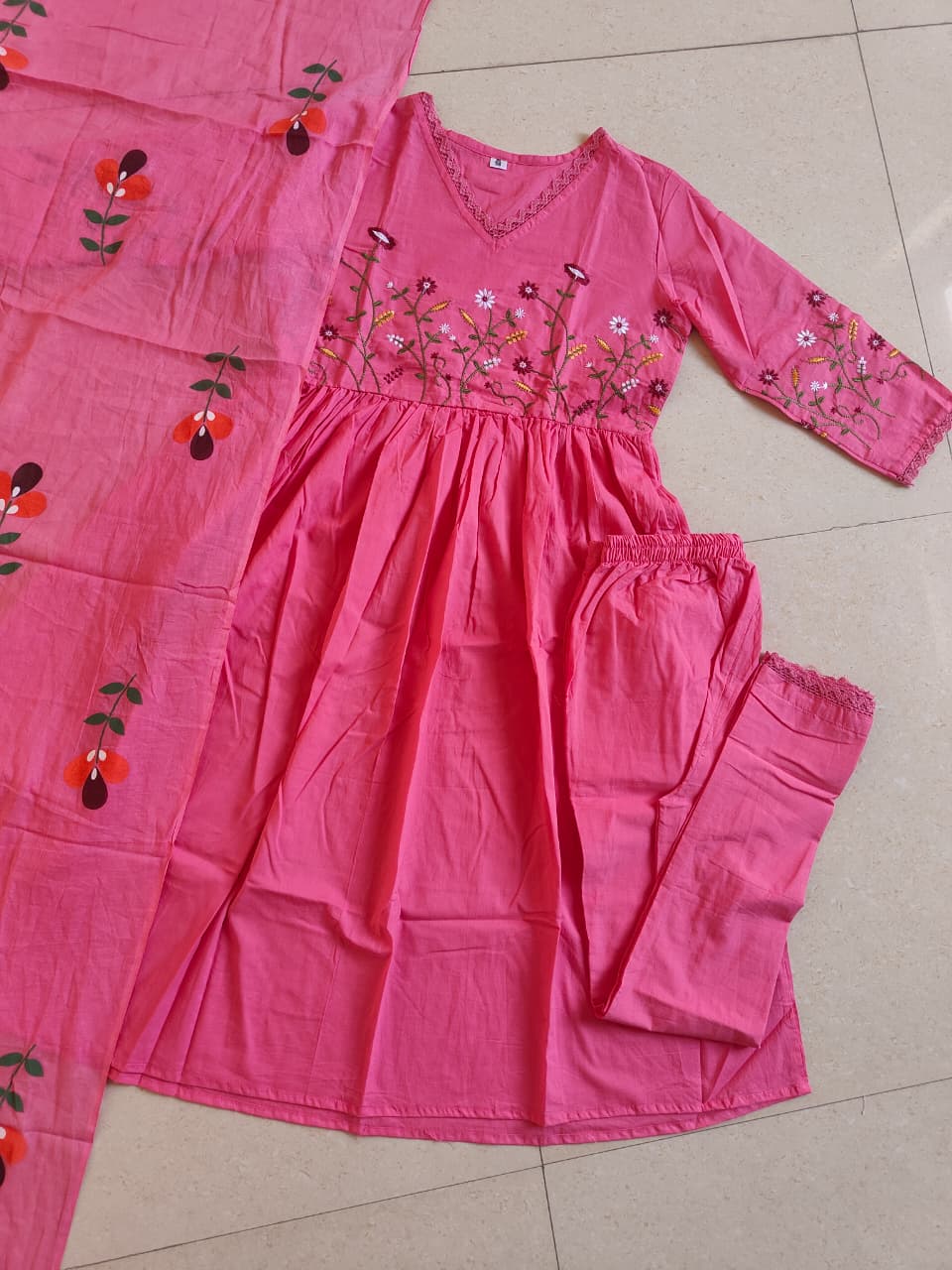 Embroidered Cotton Kurta Pant Set with Printed Cotton Malmal Dupatta