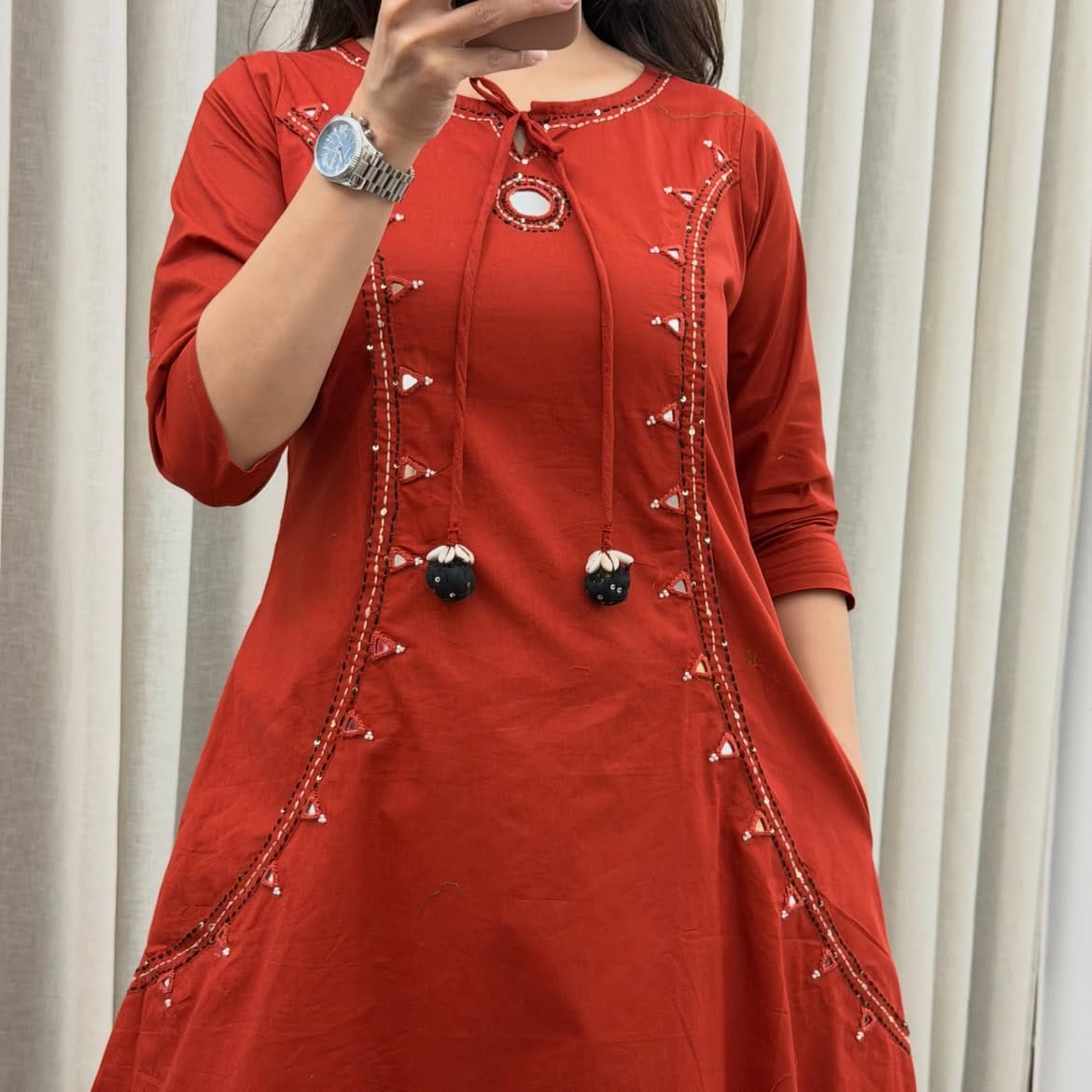 Pure Cotton Mirror Work A-Line Kurta Pant Dupatta Set