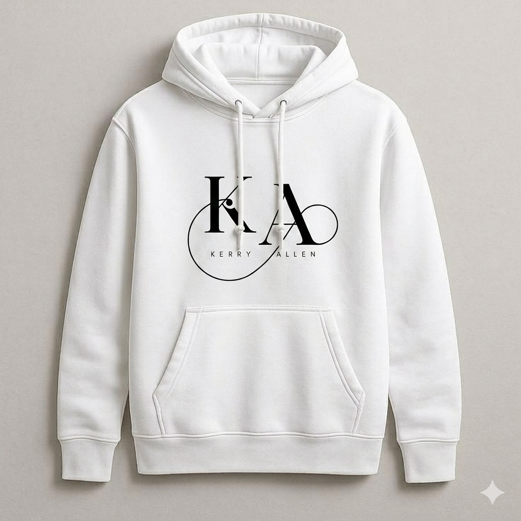 White hoodie with 'Kerry Allen' logo on a gray background