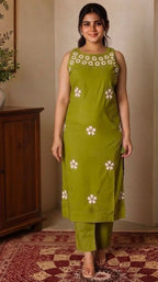 Embroidered Cotton Kurti Pant Set with Dupatta