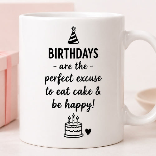 White mug with birthday-themed text and graphics on a light background