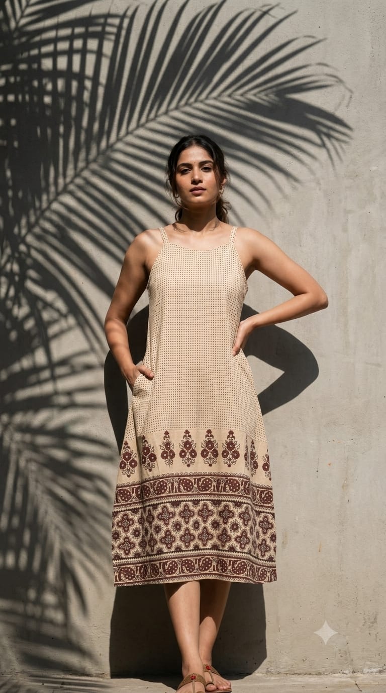 Ajrakh Print Cotton Spaghetti Dress for Women