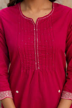 Designer Heavy Cotton Embroidered Kurti Pant Set with Cotton Dupatta