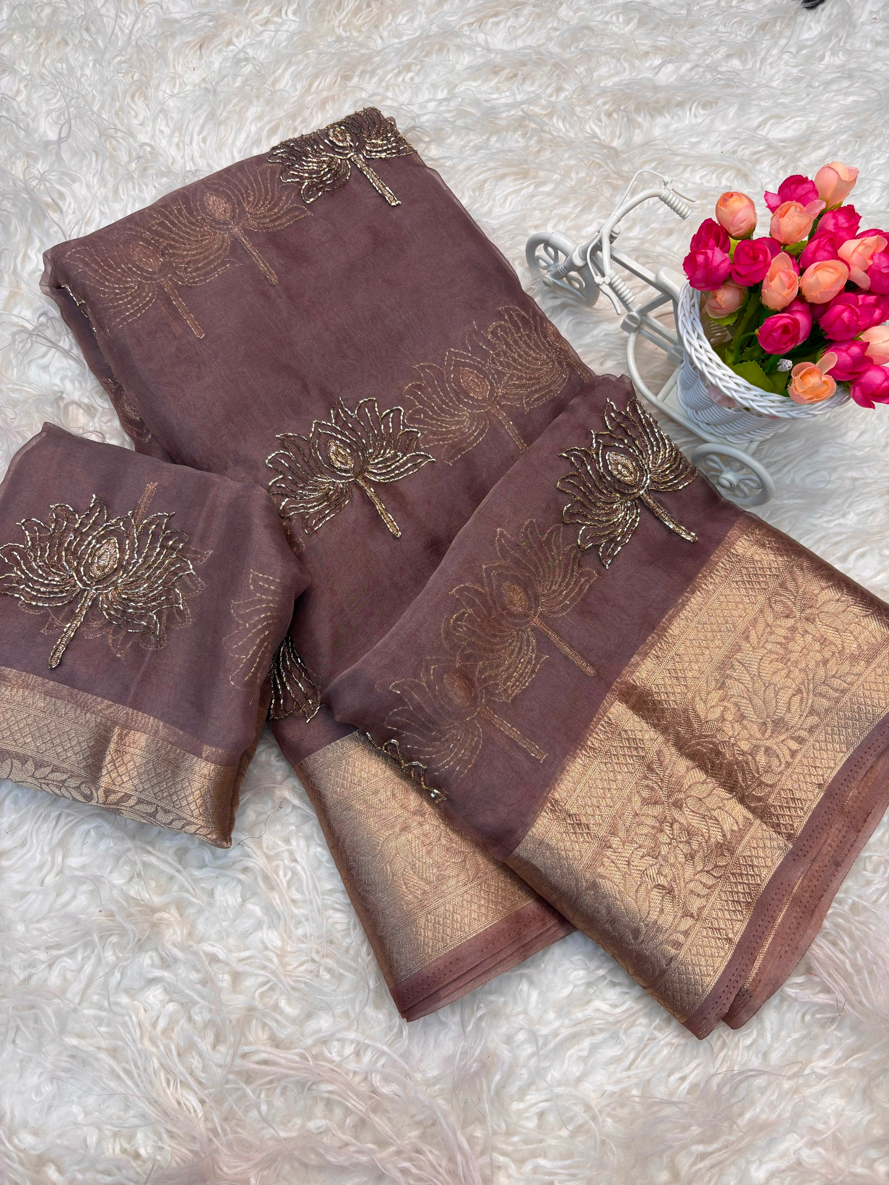Designer Lotus Beadwork Party Wear Saree
