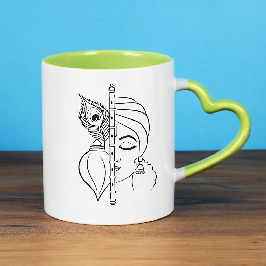 Mug with green interior and handle, featuring a black line art design on a wooden surface with blue background