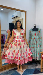 Floral Print Chanderi Cotton Maxi Dress for Women