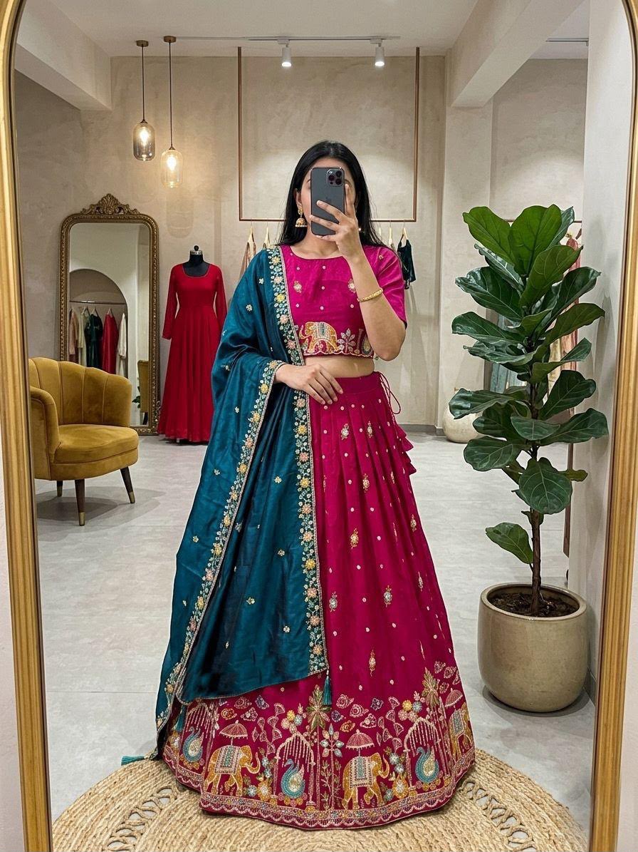 Designer Space Silk Embroidered Lehenga Choli with Dupatta