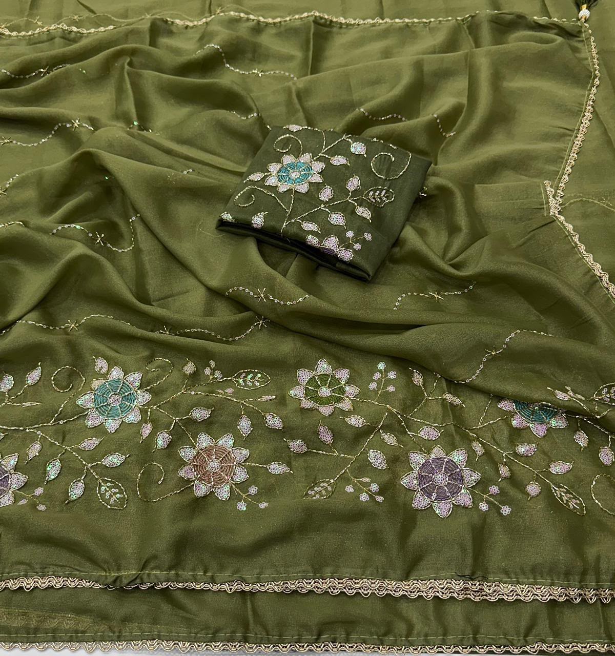 Designer Saree with Heavy Work Blouse & Lace Border