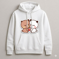 White hoodie with cartoon bear and panda design on a gray background